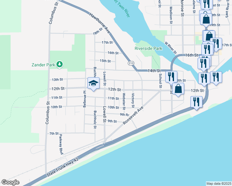 map of restaurants, bars, coffee shops, grocery stores, and more near 2314 11th Street in Two Rivers