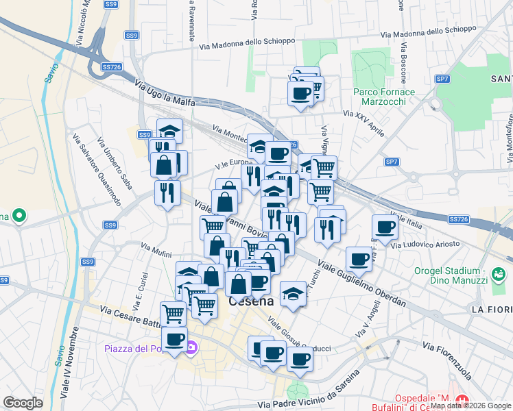 map of restaurants, bars, coffee shops, grocery stores, and more near 259 Viale Mario Angeloni in Cesena