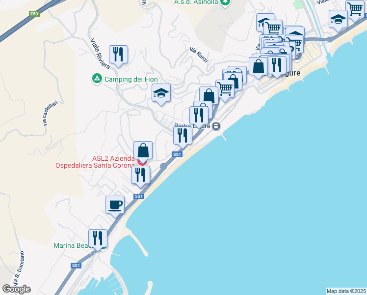 map of restaurants, bars, coffee shops, grocery stores, and more near Via XXV Aprile in Pietra Ligure