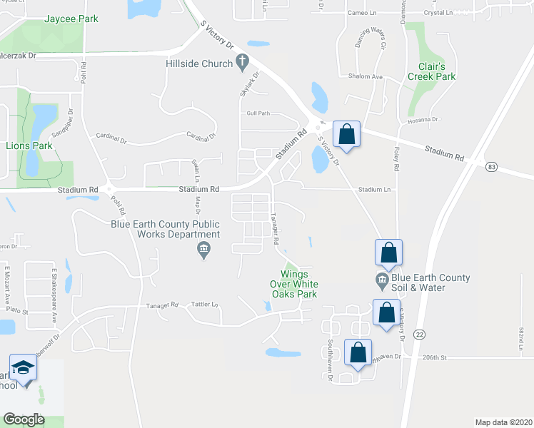 map of restaurants, bars, coffee shops, grocery stores, and more near 304 Tanager Path in Mankato