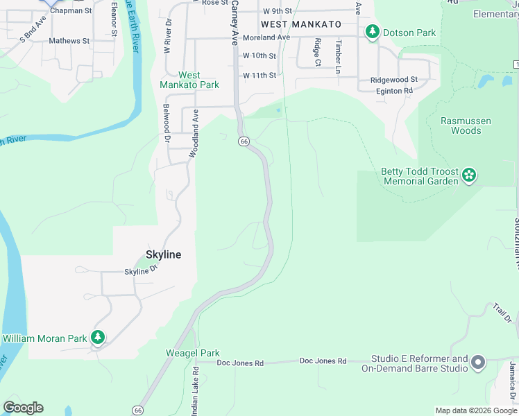 map of restaurants, bars, coffee shops, grocery stores, and more near 20842 State Highway 66 in Mankato