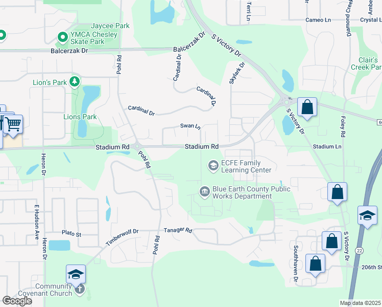 map of restaurants, bars, coffee shops, grocery stores, and more near 1315 Stadium Road in Mankato