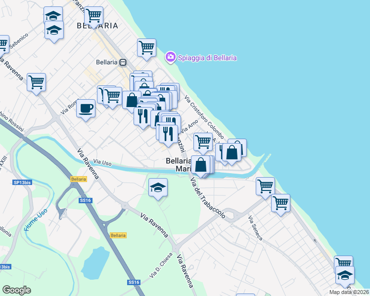 map of restaurants, bars, coffee shops, grocery stores, and more near 9A Via Alfredo Panzini in Bellaria-Igea Marina