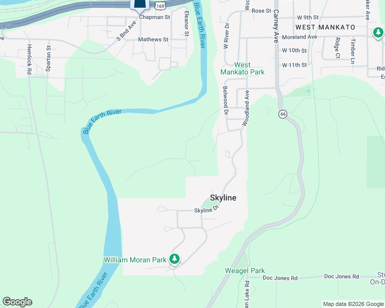 map of restaurants, bars, coffee shops, grocery stores, and more near 320 Chapman Road in Mankato