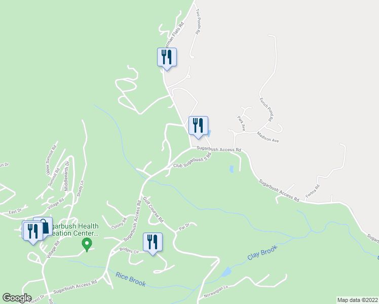 map of restaurants, bars, coffee shops, grocery stores, and more near 1939 Sugarbush Access Road in Warren