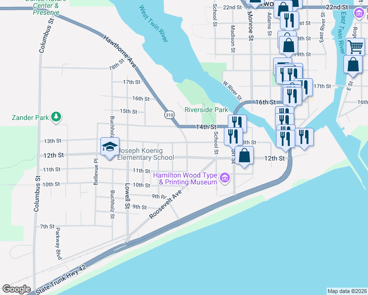 map of restaurants, bars, coffee shops, grocery stores, and more near 1220 Hawthorne Street in Two Rivers