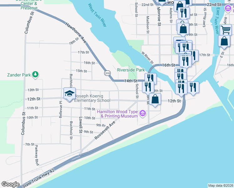 map of restaurants, bars, coffee shops, grocery stores, and more near 1220 Hawthorne Street in Two Rivers
