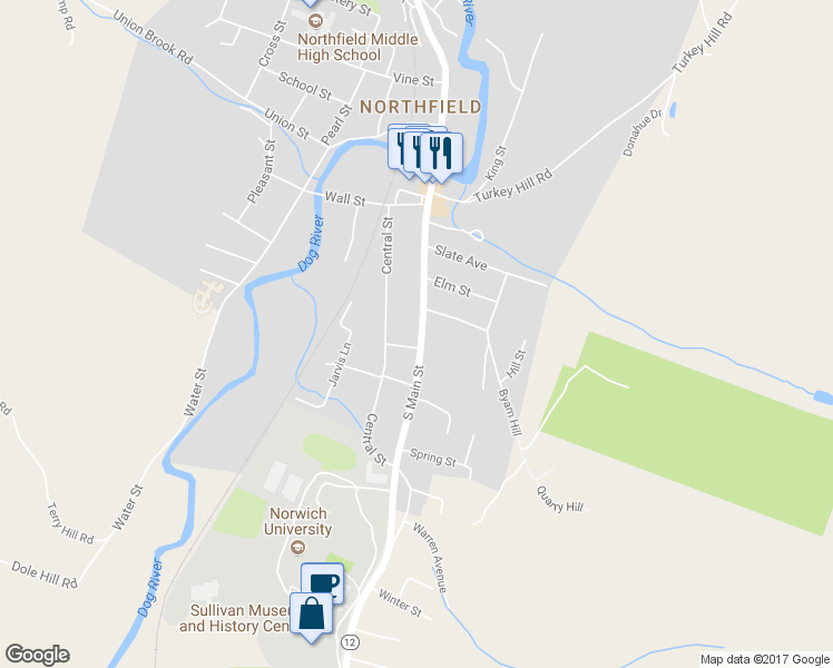 map of restaurants, bars, coffee shops, grocery stores, and more near 274 South Main Street in Northfield