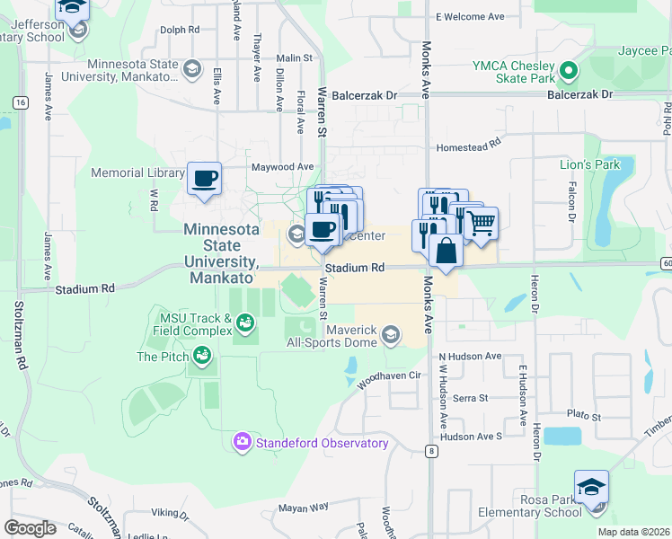 map of restaurants, bars, coffee shops, grocery stores, and more near 1600 Warren Street in Mankato