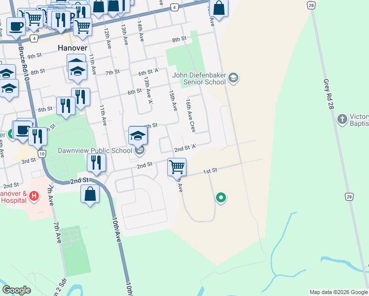map of restaurants, bars, coffee shops, grocery stores, and more near 2nd Street 'A' in Hanover