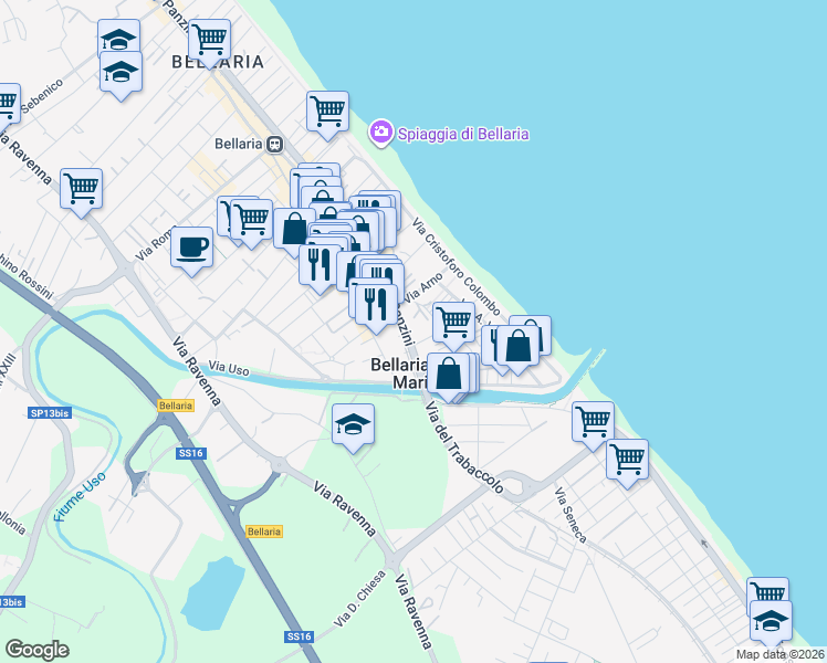 map of restaurants, bars, coffee shops, grocery stores, and more near 9A Via Alfredo Panzini in Igea Marina