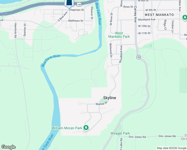 map of restaurants, bars, coffee shops, grocery stores, and more near 320 Chapman Road in Mankato