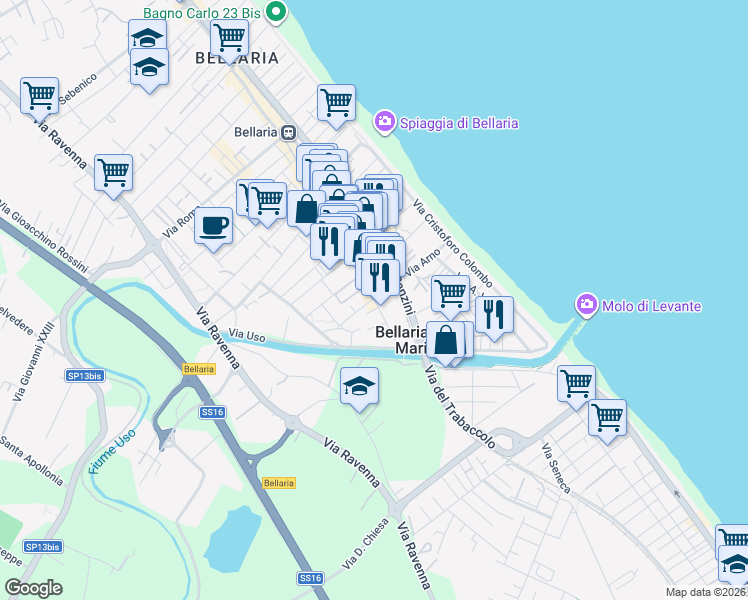 map of restaurants, bars, coffee shops, grocery stores, and more near 8 Via Arno in Bellaria