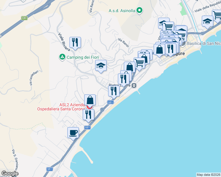 map of restaurants, bars, coffee shops, grocery stores, and more near 50 Viale Riviera in Pietra Ligure
