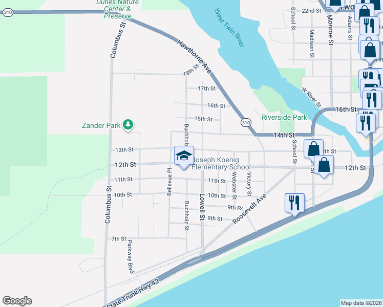 map of restaurants, bars, coffee shops, grocery stores, and more near 1215 Buchholz Street in Two Rivers