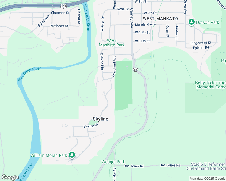 map of restaurants, bars, coffee shops, grocery stores, and more near 1715 Woodland Avenue in Mankato