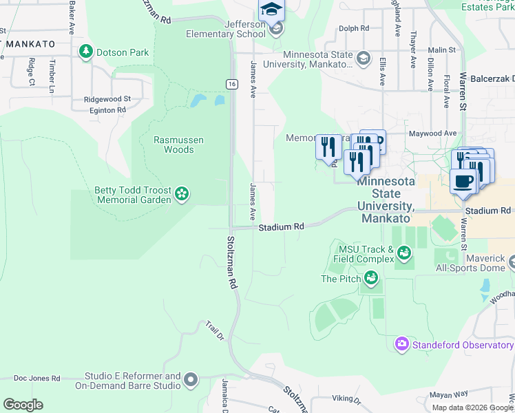 map of restaurants, bars, coffee shops, grocery stores, and more near 612 James Avenue in Mankato