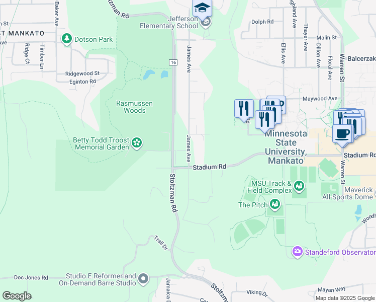 map of restaurants, bars, coffee shops, grocery stores, and more near 603 James Avenue in Mankato