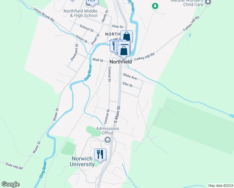 map of restaurants, bars, coffee shops, grocery stores, and more near 274 South Main Street in Northfield