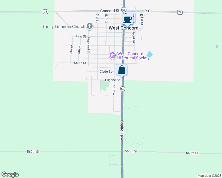 map of restaurants, bars, coffee shops, grocery stores, and more near 916 West 1st Street in West Concord