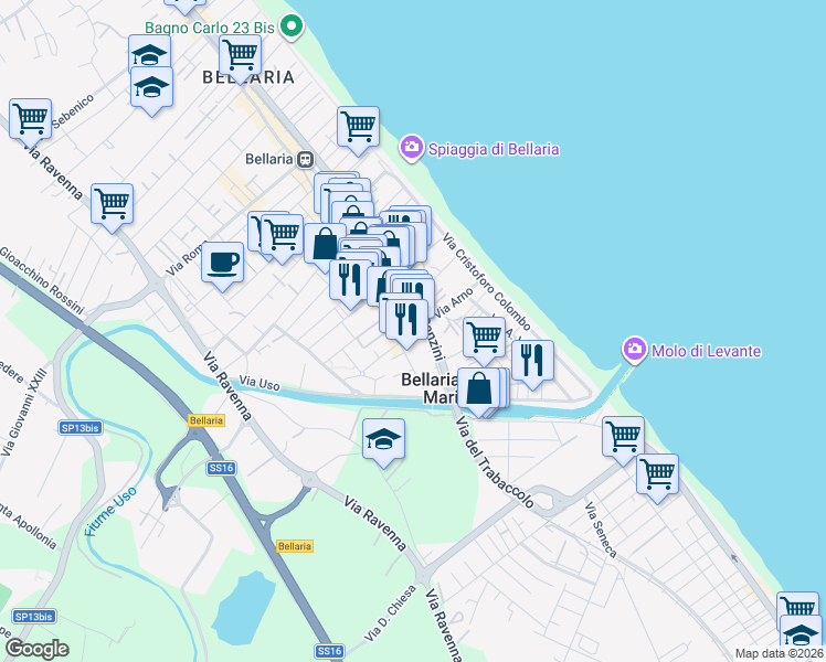 map of restaurants, bars, coffee shops, grocery stores, and more near 8 Via Arno in Bellaria-Igea Marina