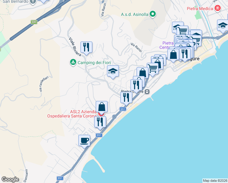 map of restaurants, bars, coffee shops, grocery stores, and more near 38 Viale 25 Aprile in Pietra Ligure