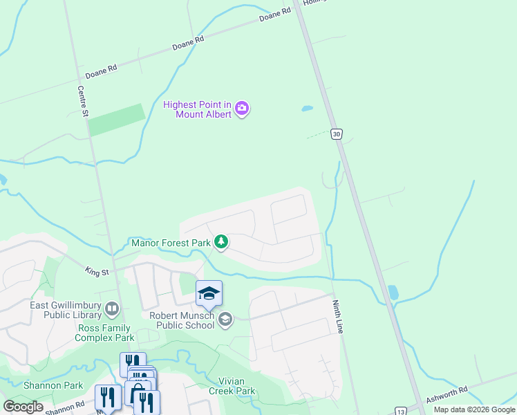 map of restaurants, bars, coffee shops, grocery stores, and more near 24 Manor Glen Cresent in East Gwillimbury
