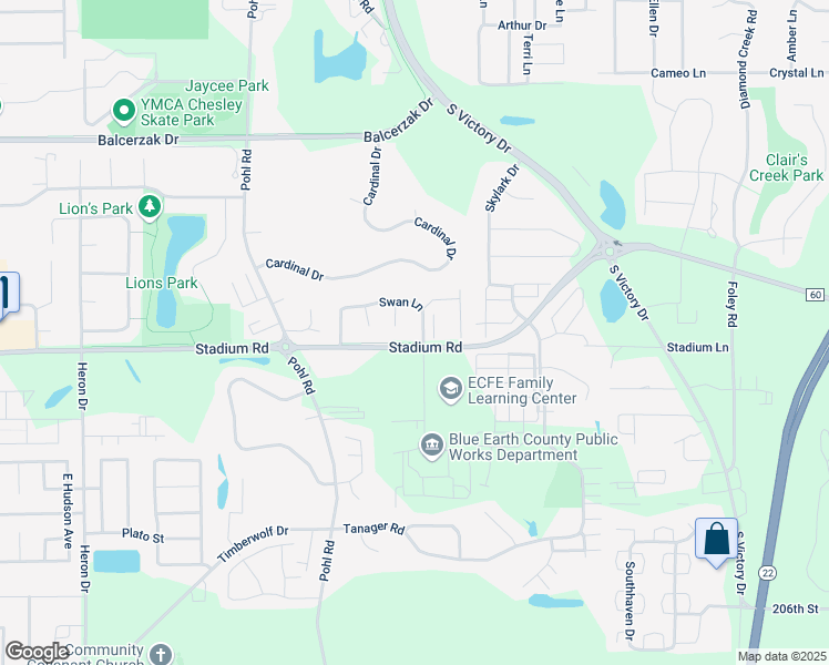 map of restaurants, bars, coffee shops, grocery stores, and more near 1315 Stadium Road in Mankato