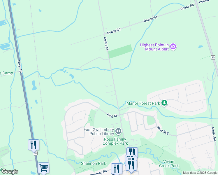 map of restaurants, bars, coffee shops, grocery stores, and more near 19572 Centre Street in East Gwillimbury