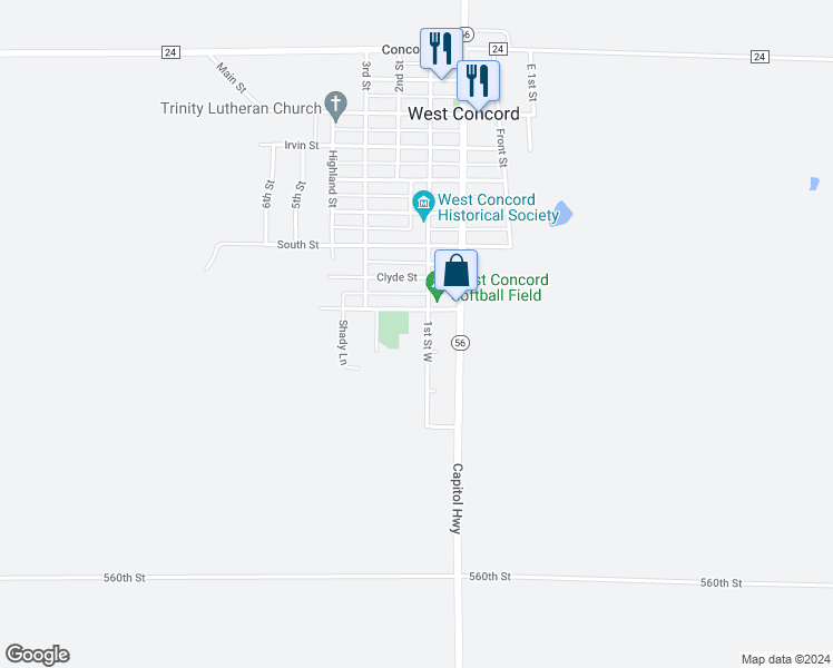 map of restaurants, bars, coffee shops, grocery stores, and more near 916 West 1st Street in West Concord