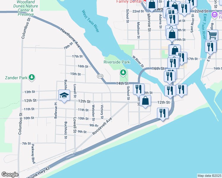 map of restaurants, bars, coffee shops, grocery stores, and more near 1220 Hawthorne Street in Two Rivers