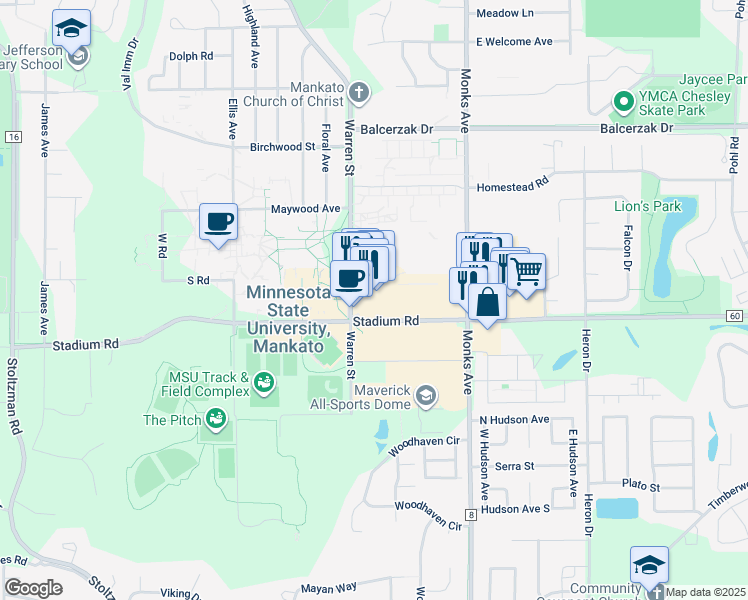 map of restaurants, bars, coffee shops, grocery stores, and more near 1600 Warren Street in Mankato