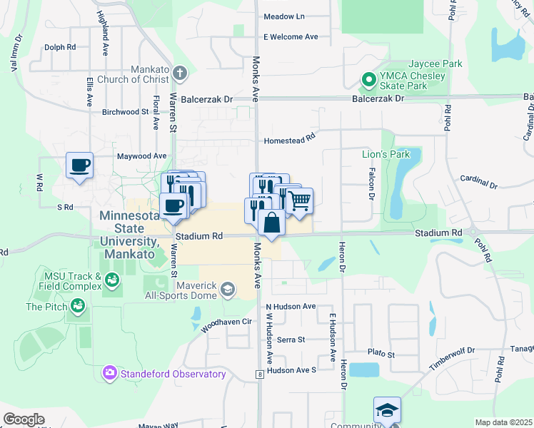 map of restaurants, bars, coffee shops, grocery stores, and more near 203 Bunting Lane in Mankato