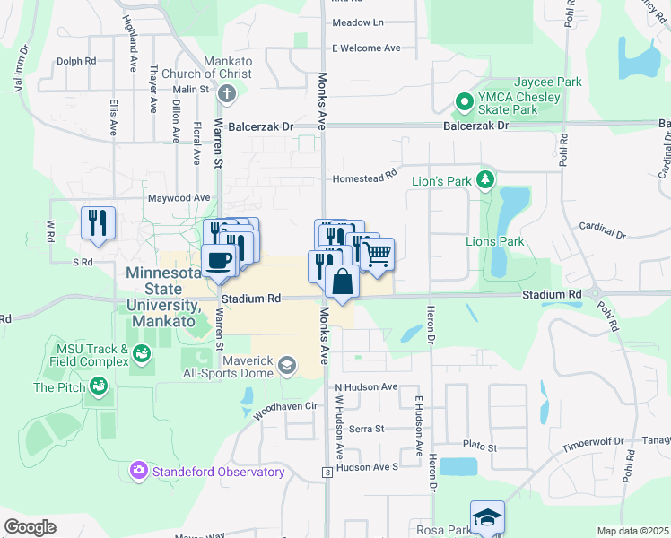 map of restaurants, bars, coffee shops, grocery stores, and more near 203 Bunting Lane in Mankato