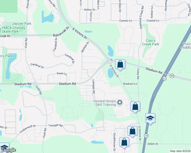 map of restaurants, bars, coffee shops, grocery stores, and more near 304 Blue Jay trail in Mankato