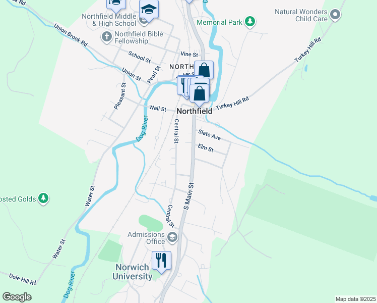 map of restaurants, bars, coffee shops, grocery stores, and more near 176 South Main Street in Northfield