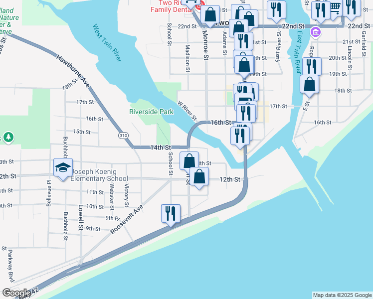 map of restaurants, bars, coffee shops, grocery stores, and more near 1322 Madison Street in Two Rivers