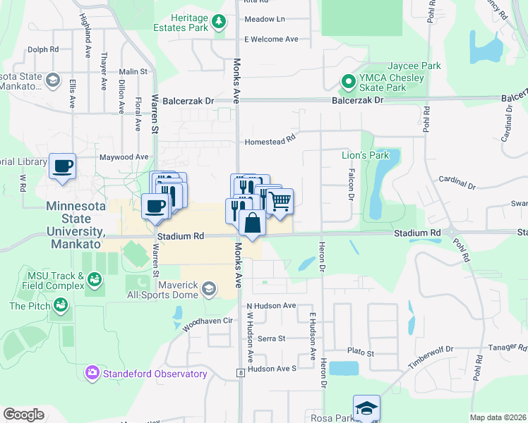 map of restaurants, bars, coffee shops, grocery stores, and more near 301 Bunting Lane in Mankato