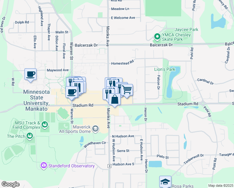 map of restaurants, bars, coffee shops, grocery stores, and more near 251 Bunting Lane in Mankato