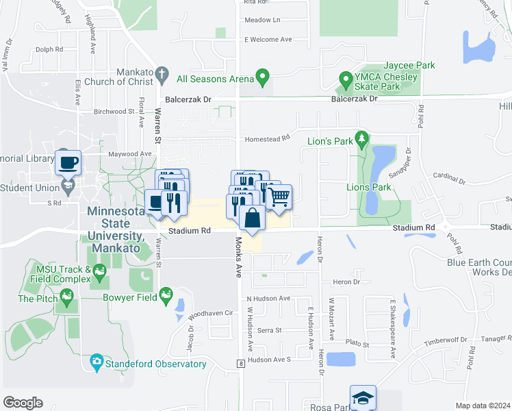 map of restaurants, bars, coffee shops, grocery stores, and more near 203 Bunting Lane in Mankato