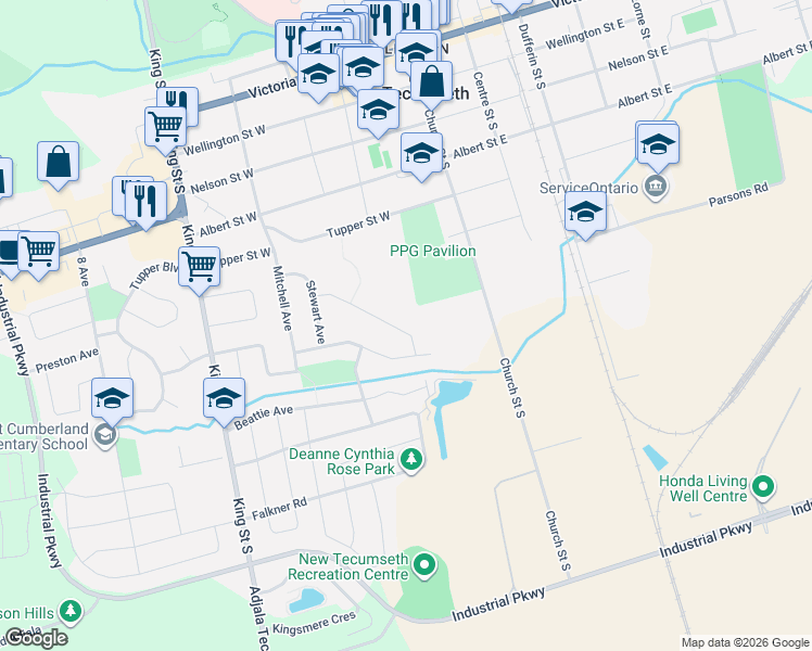 map of restaurants, bars, coffee shops, grocery stores, and more near 100 Kerr Boulevard in New Tecumseth