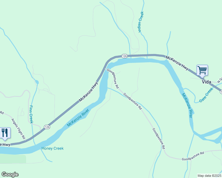 map of restaurants, bars, coffee shops, grocery stores, and more near 90860 Leashore Drive in Vida