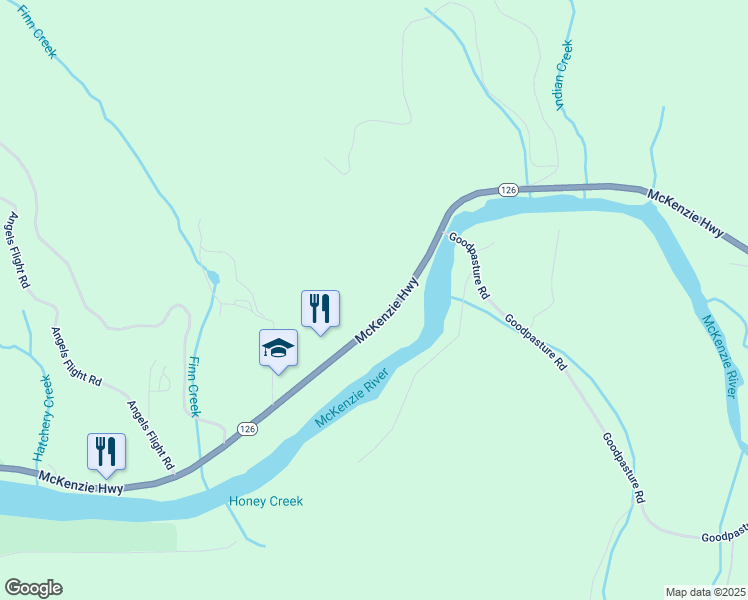 map of restaurants, bars, coffee shops, grocery stores, and more near 45115 McKenzie Highway in Leaburg