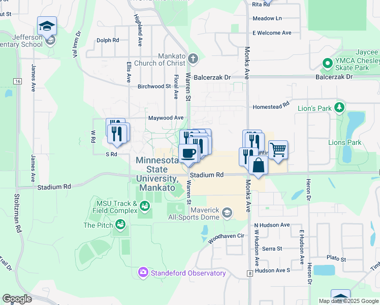 map of restaurants, bars, coffee shops, grocery stores, and more near 1600 Warren Street in Mankato