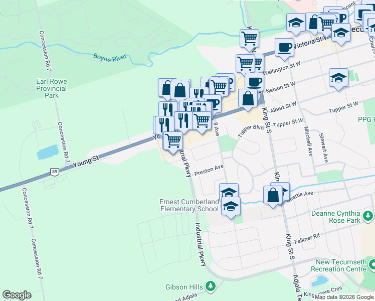 map of restaurants, bars, coffee shops, grocery stores, and more near 46 Henderson Crescent in New Tecumseth