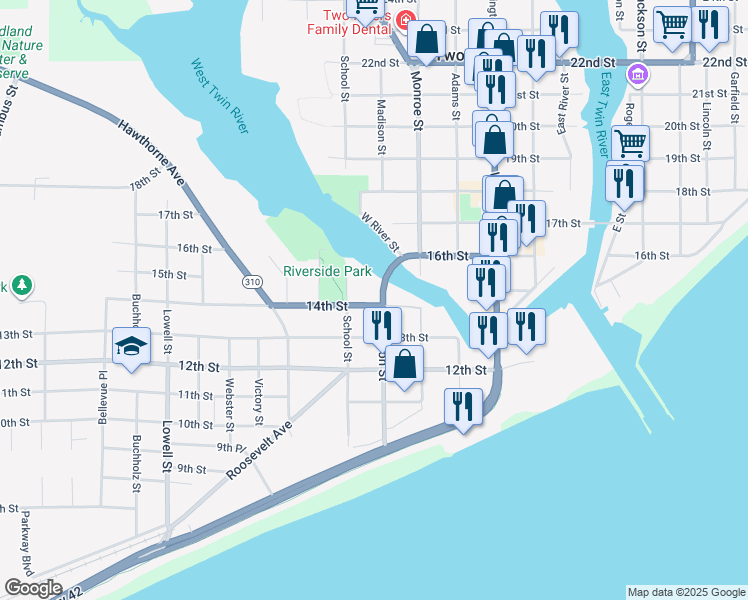 map of restaurants, bars, coffee shops, grocery stores, and more near 1720 14th Street in Two Rivers