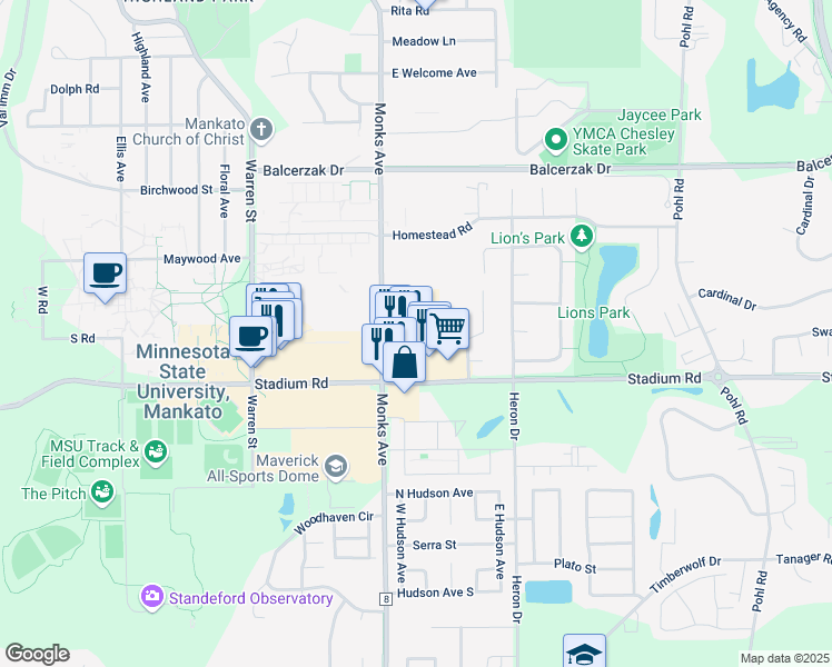 map of restaurants, bars, coffee shops, grocery stores, and more near 300 Bunting Lane in Mankato