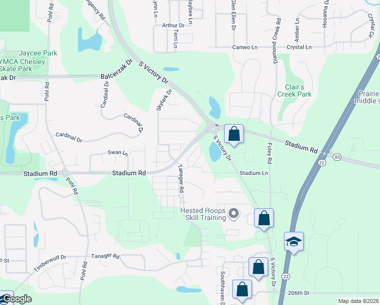 map of restaurants, bars, coffee shops, grocery stores, and more near 304 Blue Jay trail in Mankato