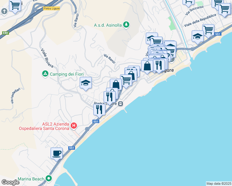 map of restaurants, bars, coffee shops, grocery stores, and more near 32 Piazza San Rocco in Pietra Ligure
