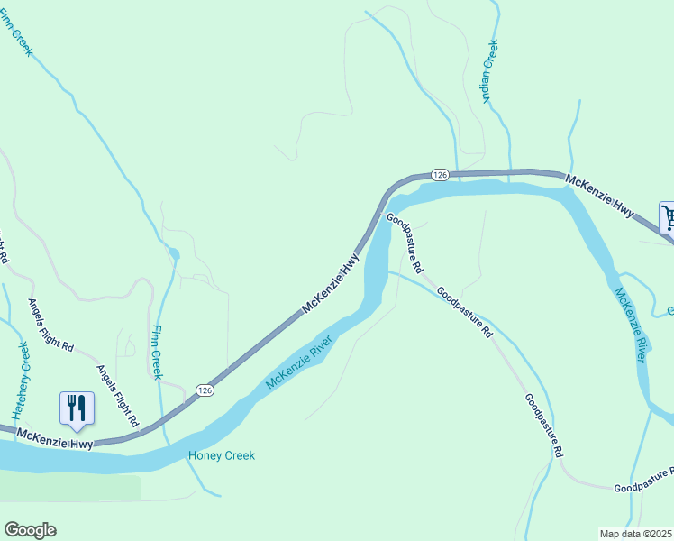 map of restaurants, bars, coffee shops, grocery stores, and more near 45115 McKenzie Highway in Leaburg